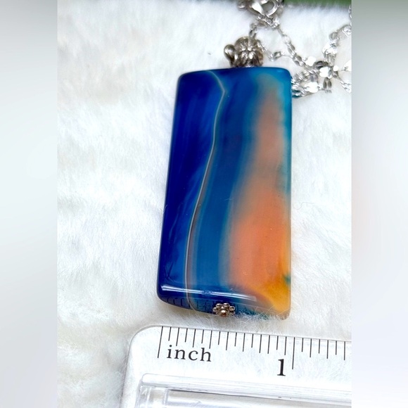 Glass Blue and Orange Pendant Necklace with SS Chain - Picture 7 of 8